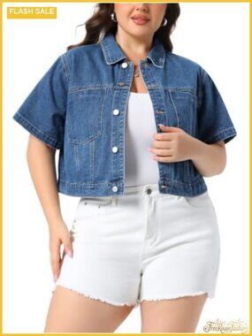 Plus Size Cropped Denim Jean Jacket Women Casual Button Up